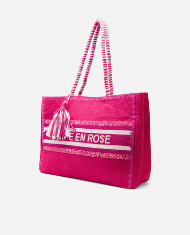 summer capsule maxi bag with pink beads details and text La Vie En Rose