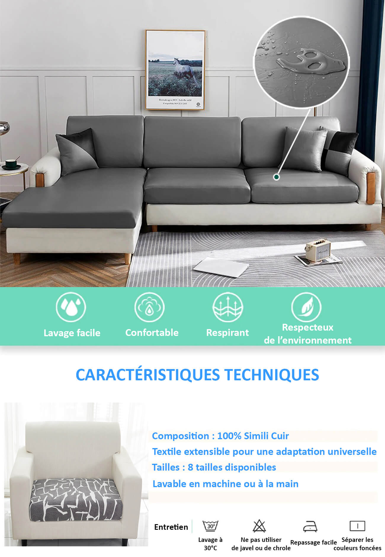 Caracteristiques techniques et conseils entretien pour housse d'assise de canape d'angle simili cuir impermeable