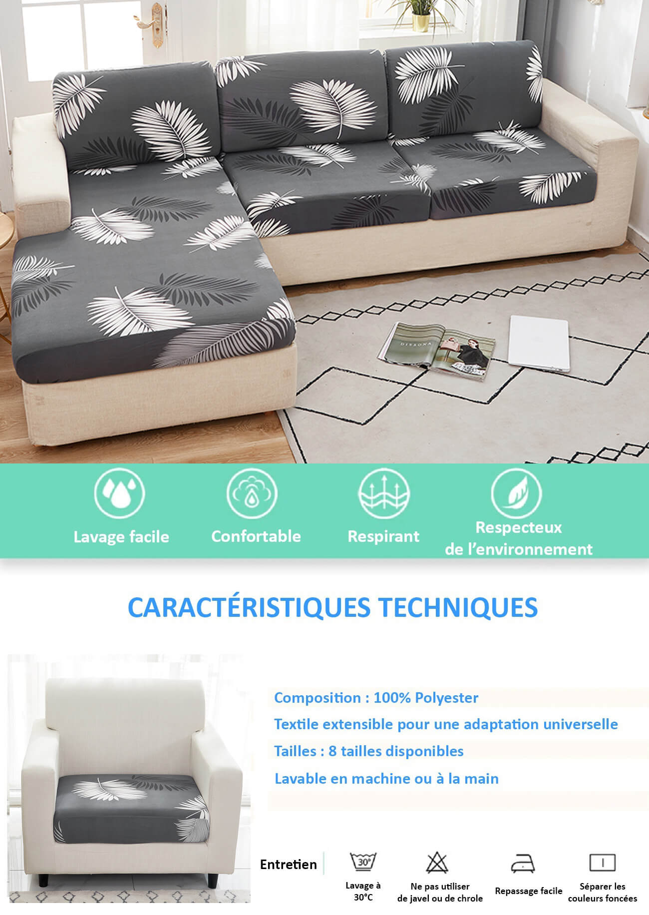 Caracteristiques techniques et conseils entretien pour housse assise de canape d'angle