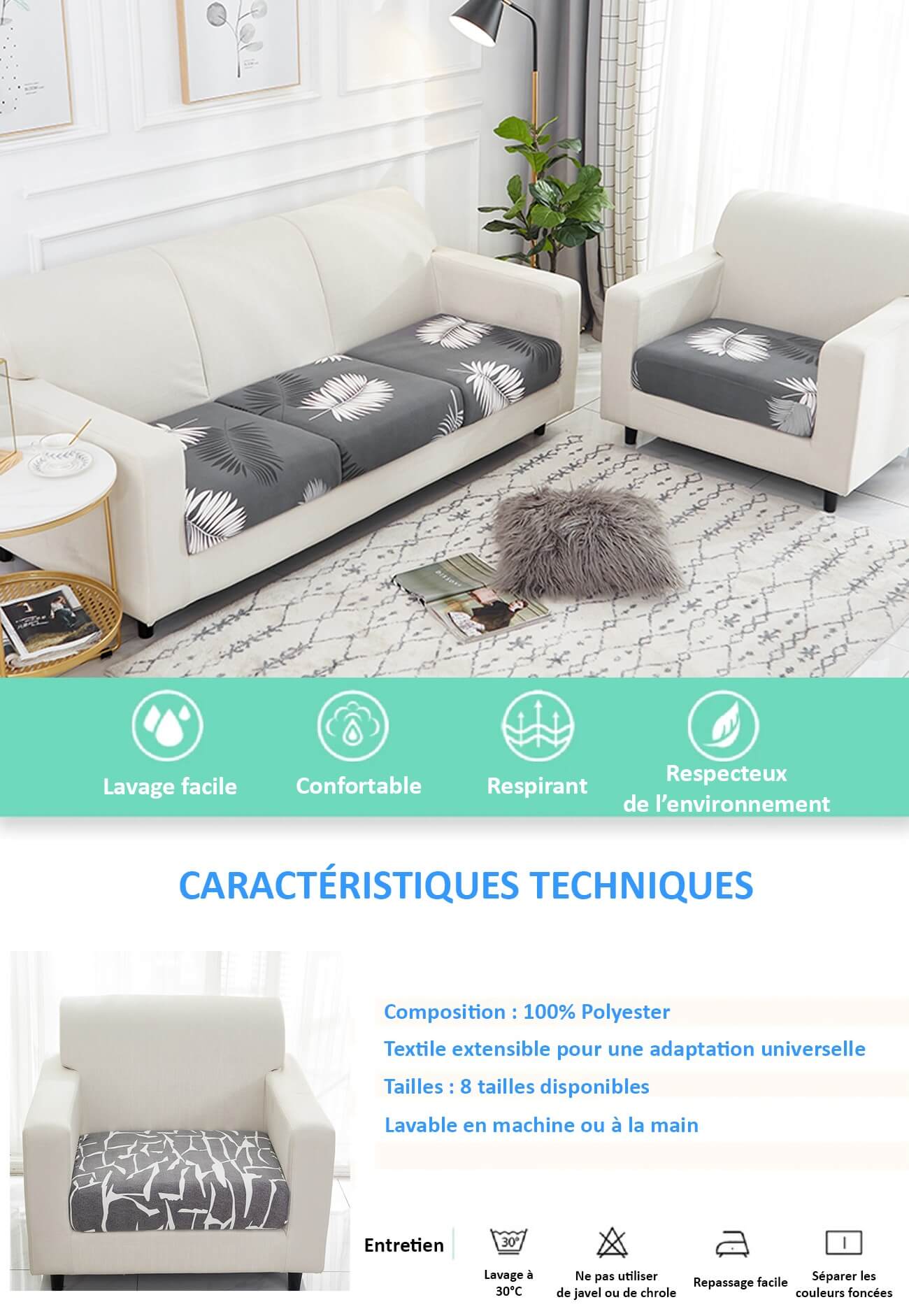 Caracteristiques techniques et conseils entretien pour housse assise de canape