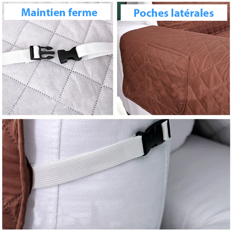 Protege Canape avec fixation elastique et poches pour maintien ferme et durable sur canapé