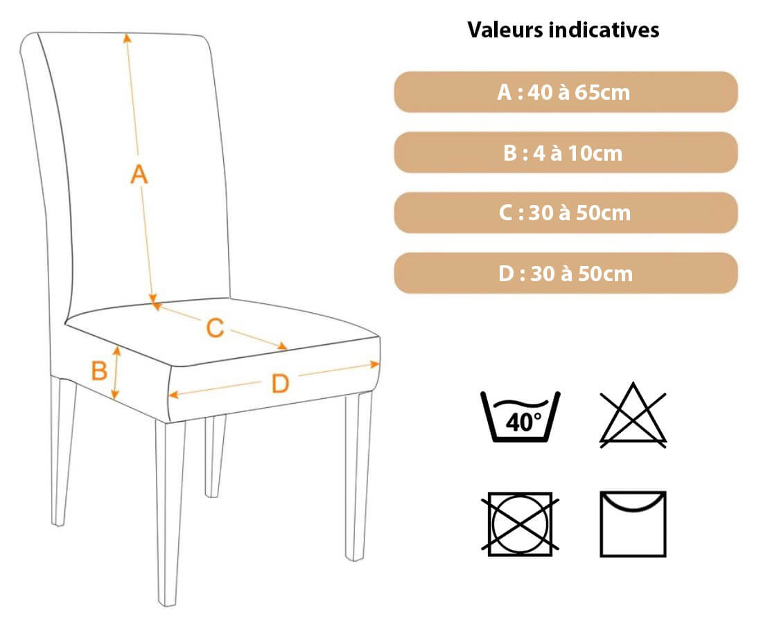 Guide des tailles, mesures et conseils d'entretien pour Housse de chaise extensible