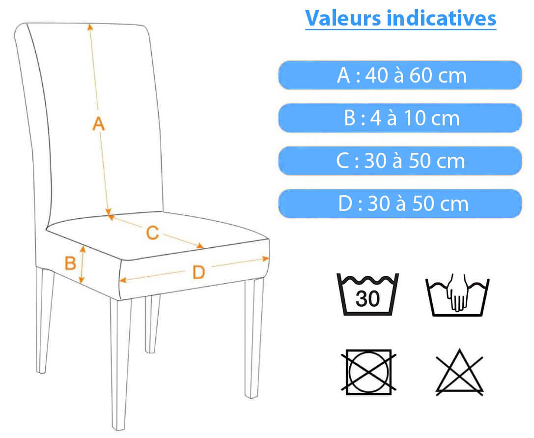 Guide des tailles, mesures et conseils d'entretien pour Housse de chaise impermeable