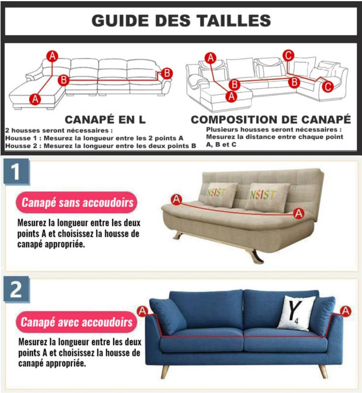 Guide des tailles et dimensions pour Housse de canape d'angle