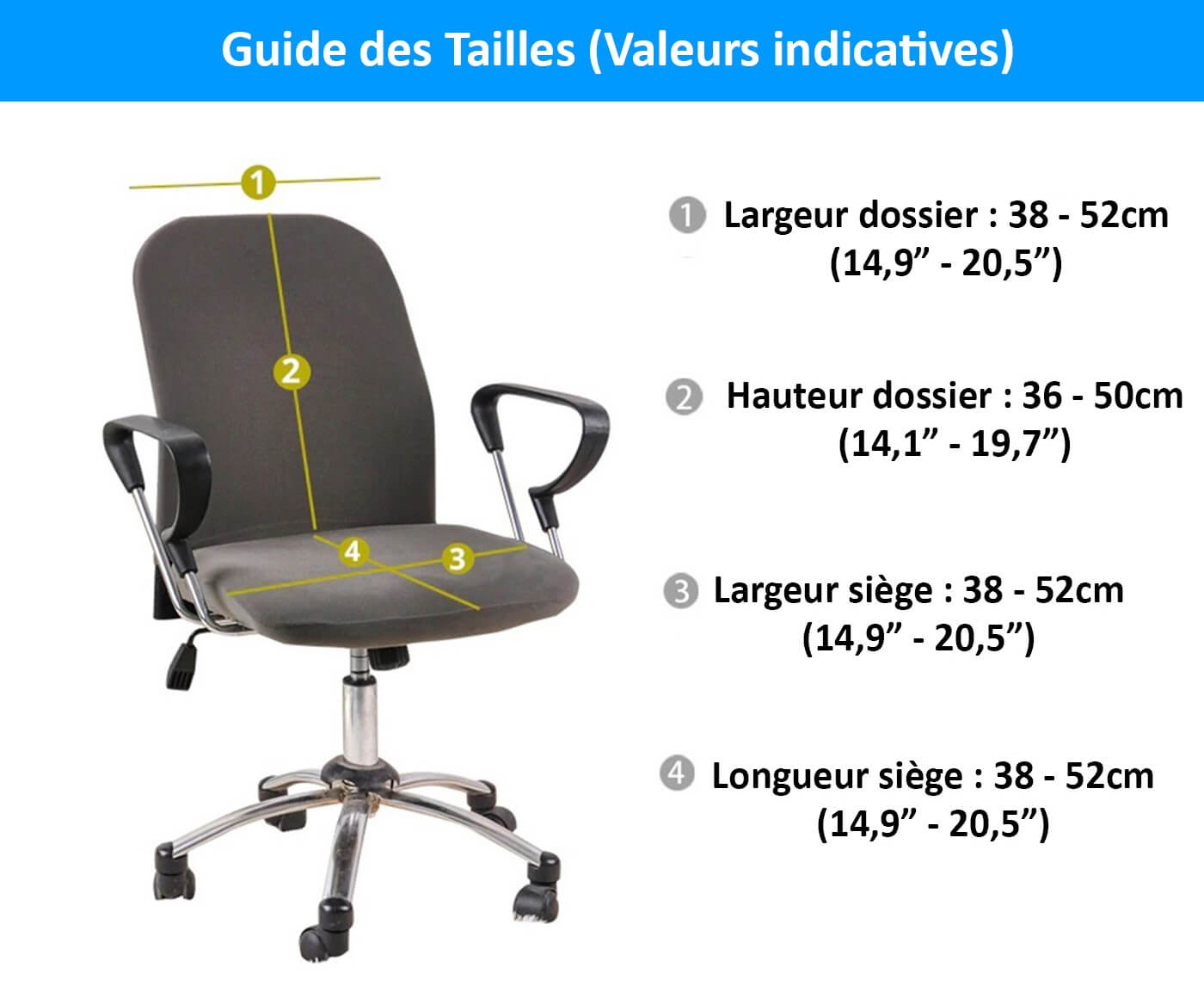 Guide des tailles et mesures pour housse de chaise de bureau