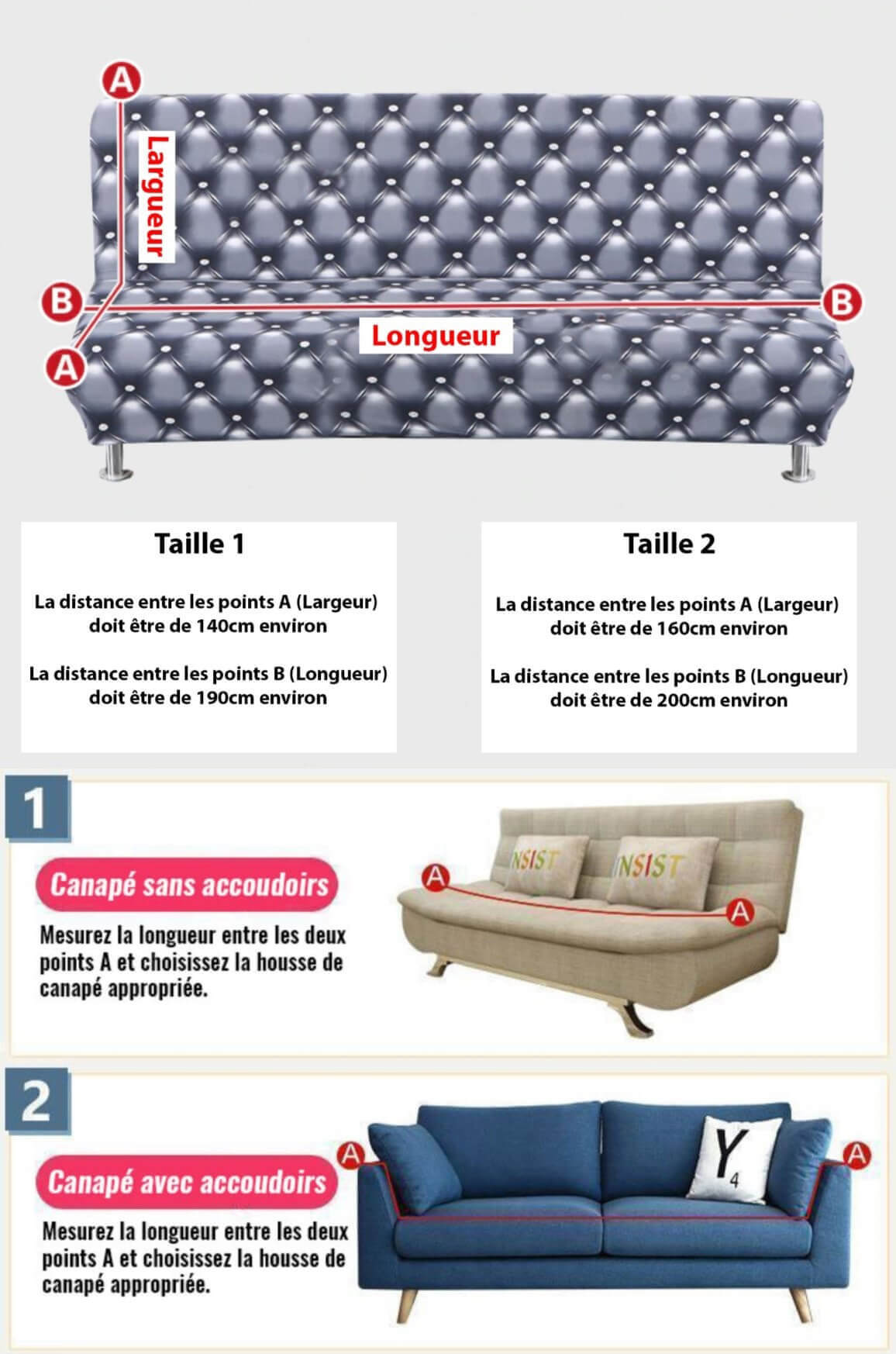 Guide des tailles et mesures pour Housse de clic clac et banquette bz