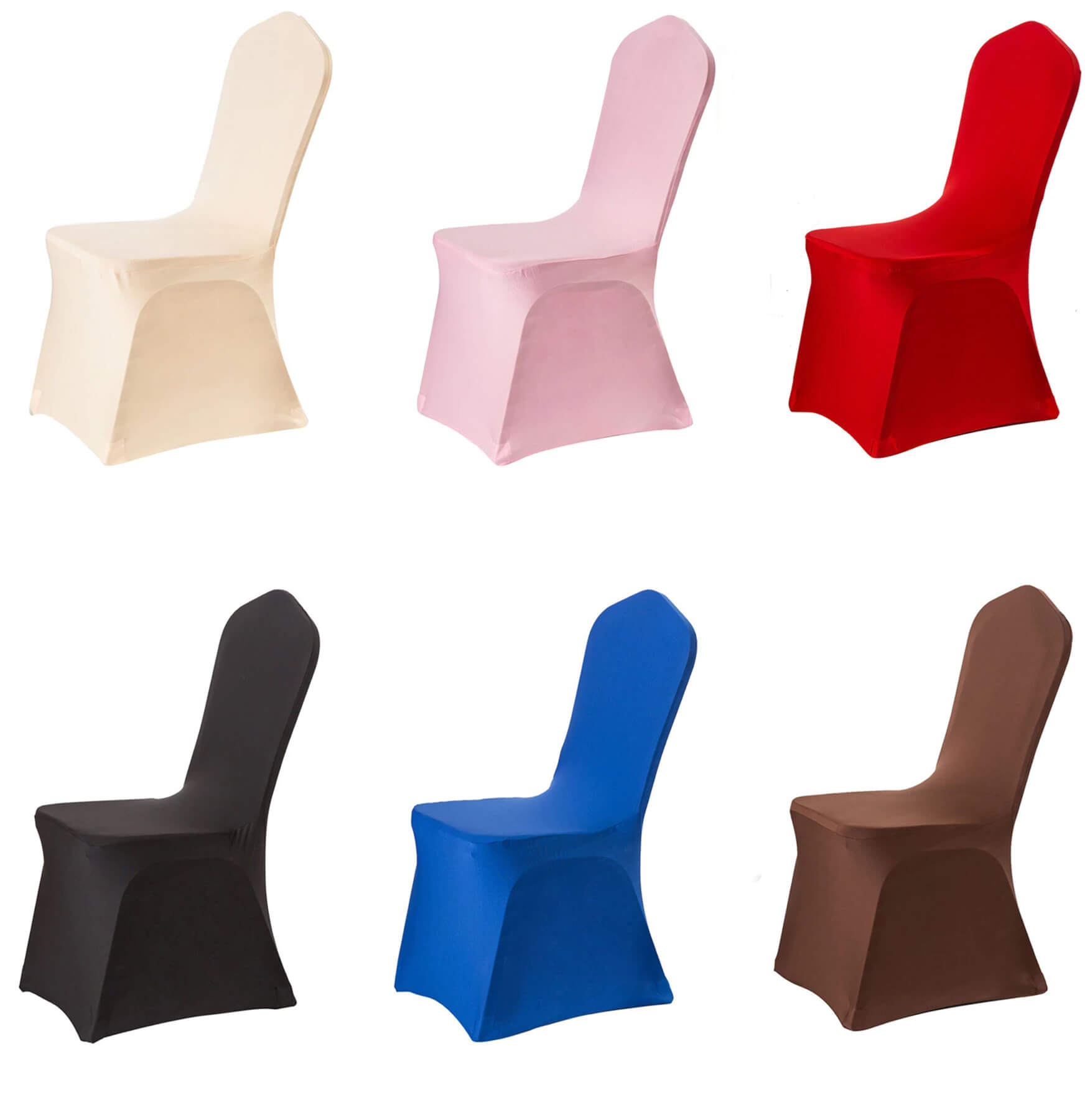 Neuf couleurs différentes de housses de chaises pour mariage disponibles sur notre boutique