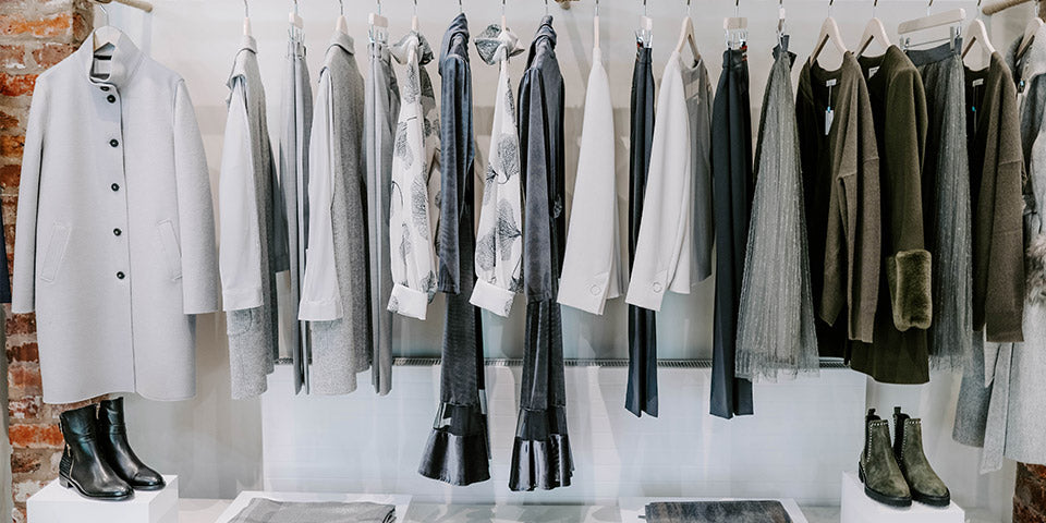 Selection of grey and white clothing at the Abi Fisher Cheshire shop