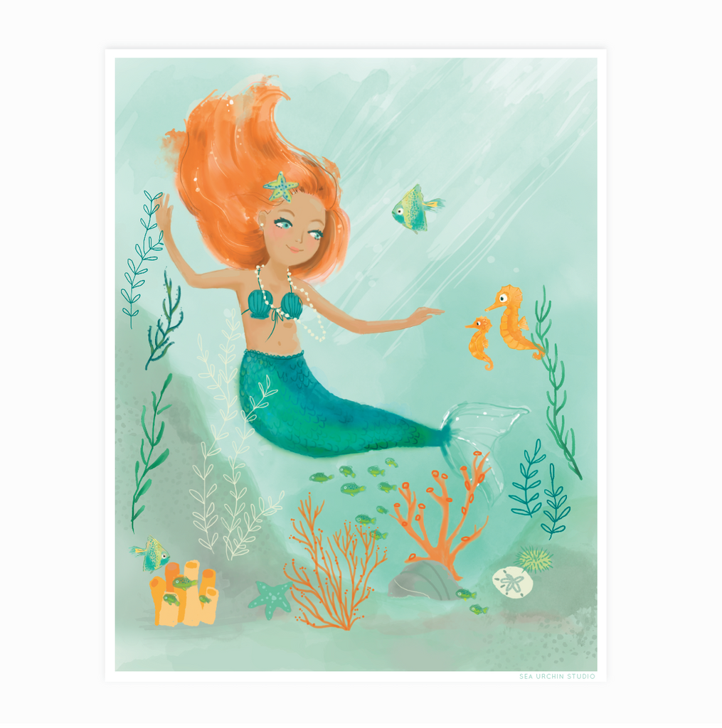 Mermaid Watercolor Poster Wall Art Sea Urchin Studio