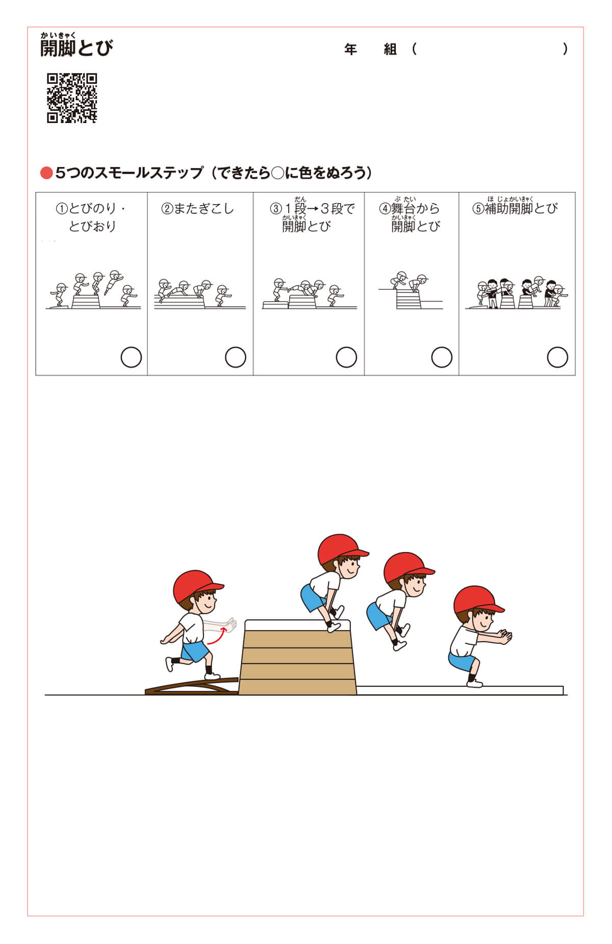 技のワークシート　開脚とび　5つのスモールステップ（できたら○に色をぬろう）①とびのり・とびおり②またぎこし③1段→3段で開脚とび④舞台から開脚とび⑤補助開脚とび