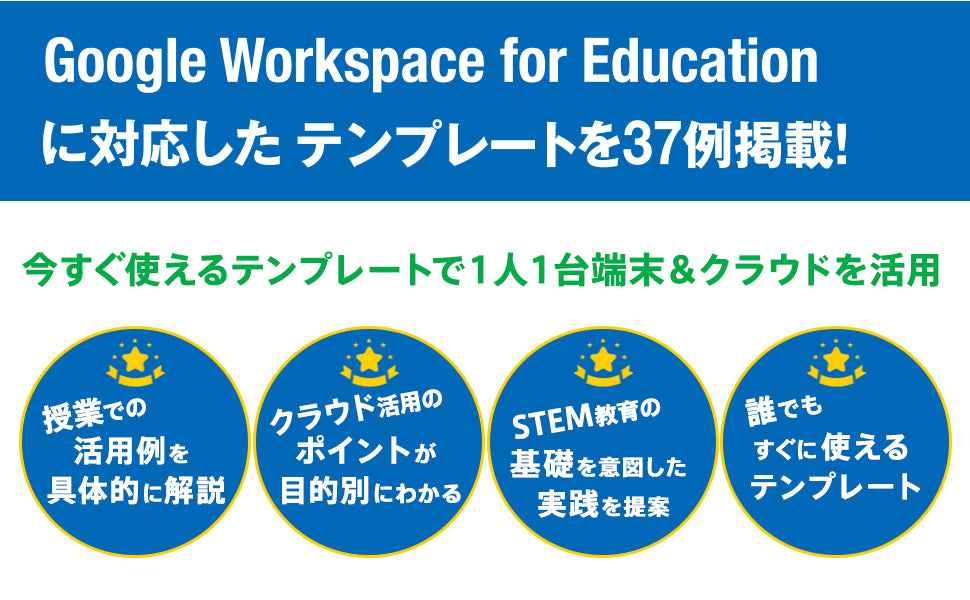 Google Workspace for Educationに対応したテンプレートを37例掲載！ 今すぐ使えるテンプレートで1人１台端末＆クラウドを活用　授業での活用例を具体的に解説　クラウド活用のポイントが目的別にわかる　STEAM教育の基礎を意図した実践を提案　誰でもすぐに使えるテンプレート