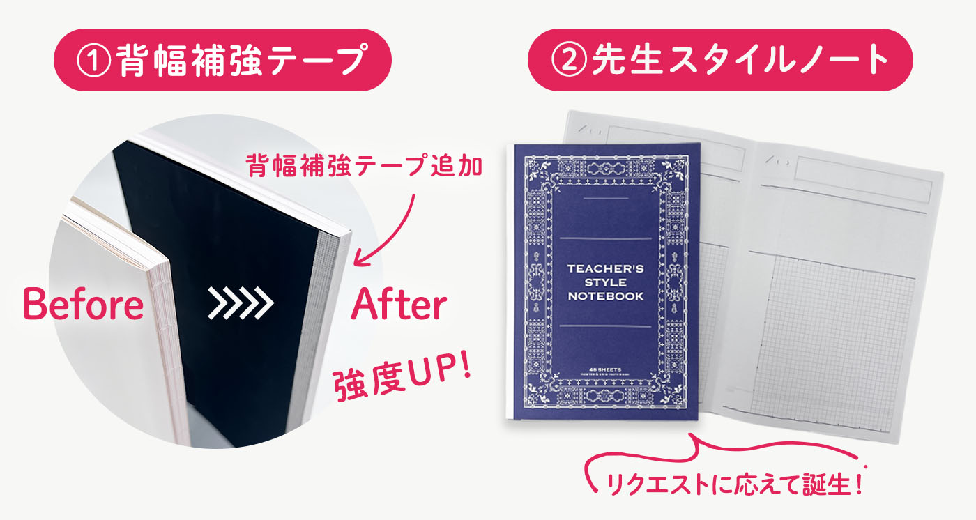 昨年とは違う、新たな機能＆商品①背幅補強テープで強度がアップしました。②リクエストに応えて誕生した『先生スタイルノート』（予約特典はこちらのノートが1冊ついてきます。★予約特典期間は10月31日まで！ご予約はお早めに。）