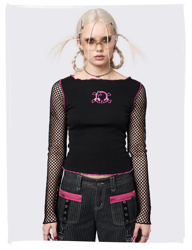 Black Fishnet Long Sleeve Top with Pink Skull - Goth Punk Vibes 