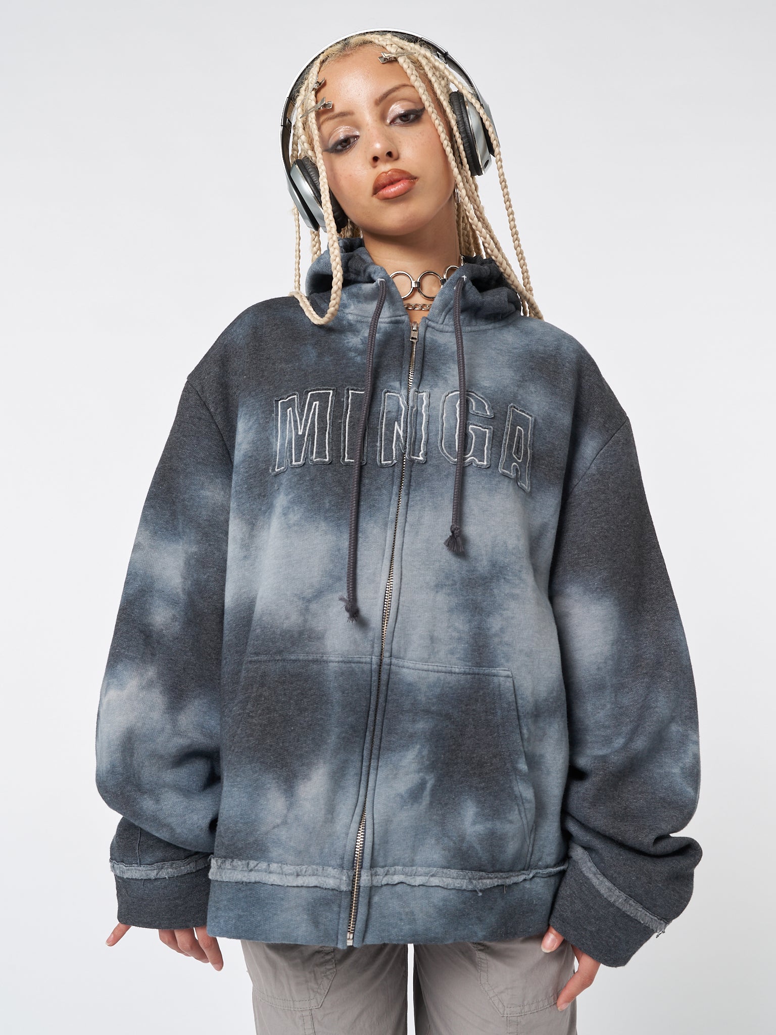 Gray Oversized Zip-Up Hoodie with Printed Patches - Grunge Y2K