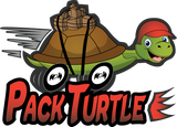 Pack Turtle Logo, turtle with wheels and packages on his back.