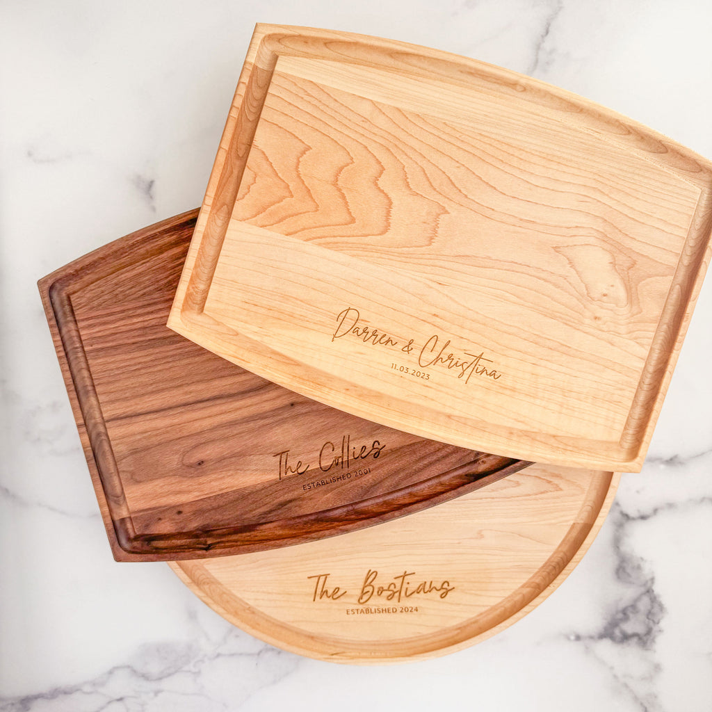 personalized engraved cutting boards, arched rectangle in maple, arched rectangle in walnut, round in maple