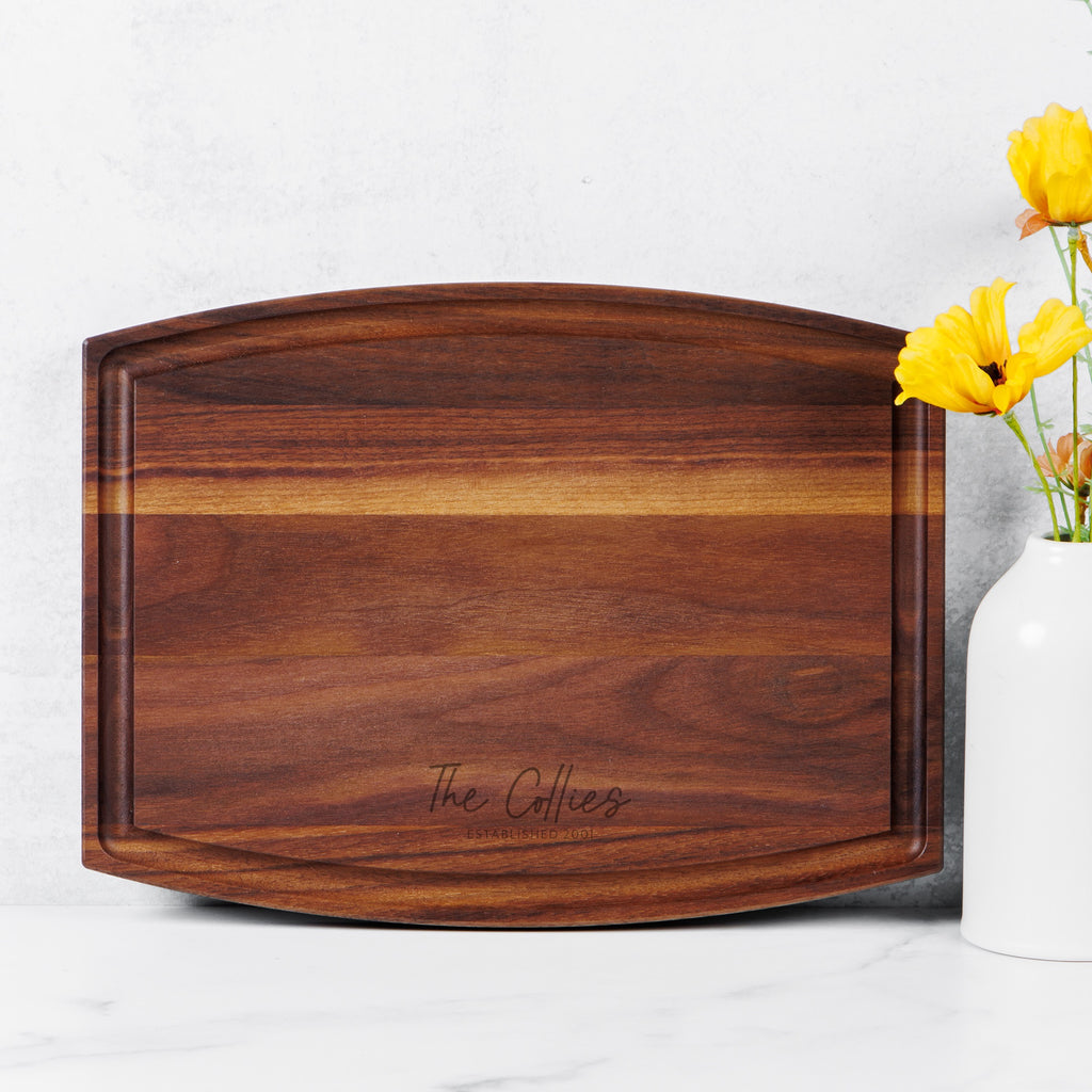 walnut arched rectangle personalized engraved cutting board, kitchen display