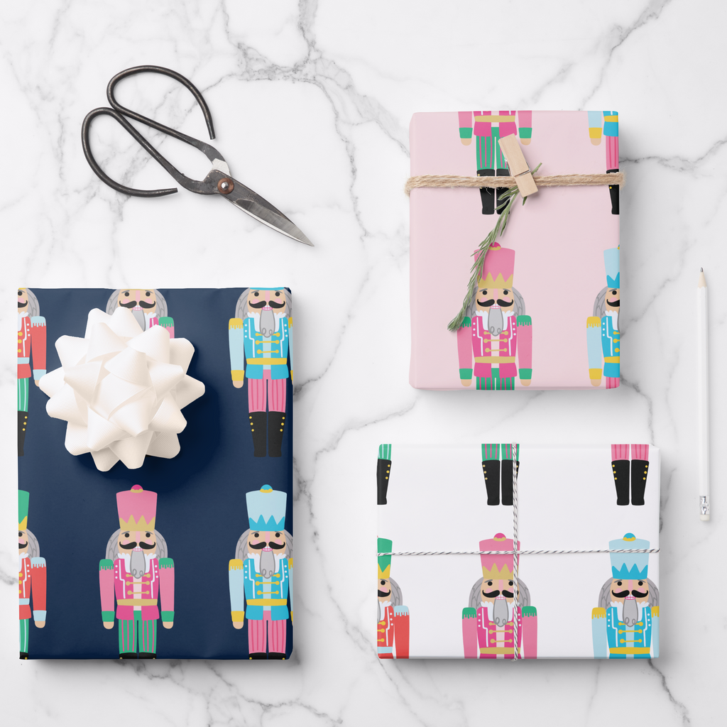 preppy nutcracker pattern gift wrap sheets on white, navy blue and light pink backgrounds, meredith collie paper for zazzle