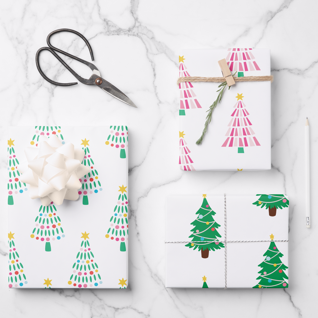 modern Christmas tree, pink peppermint stripe christmas tree, preppy christmas tree, set of 3 gift wrap sheets, meredith collie paper for zazzle