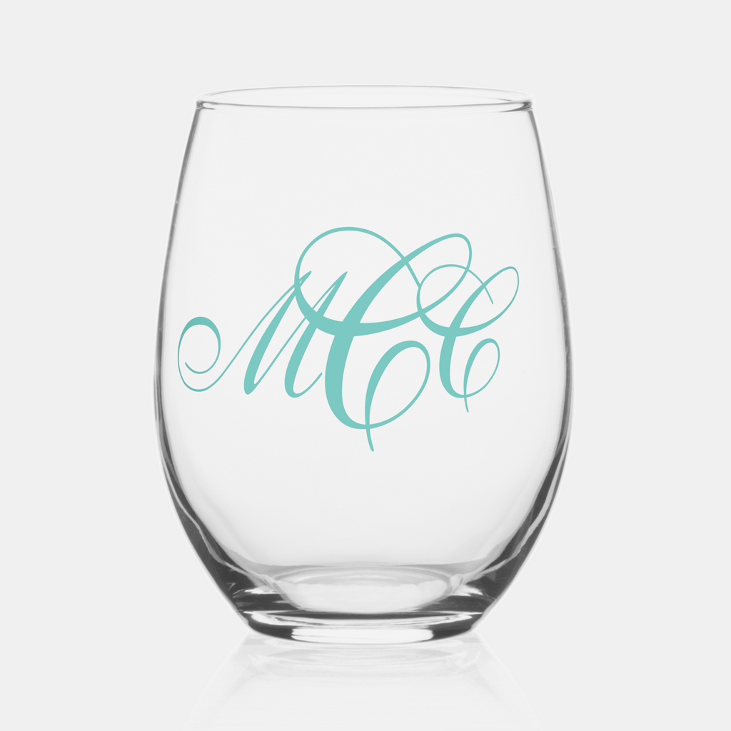 elegant script monogram stemless wine glass, Meredith Collie paper and design for Zazzle