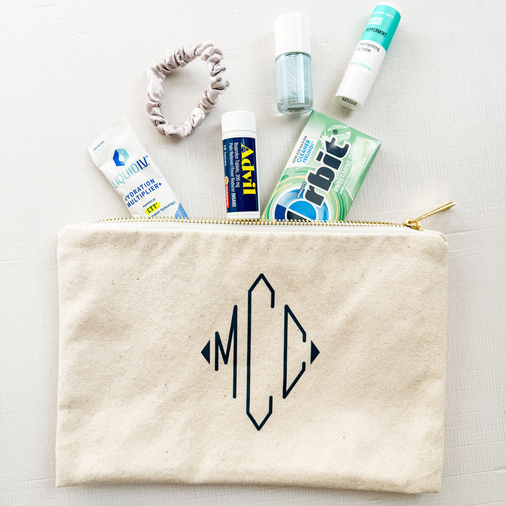 monogram pencil pouch, day of bridal survival kit