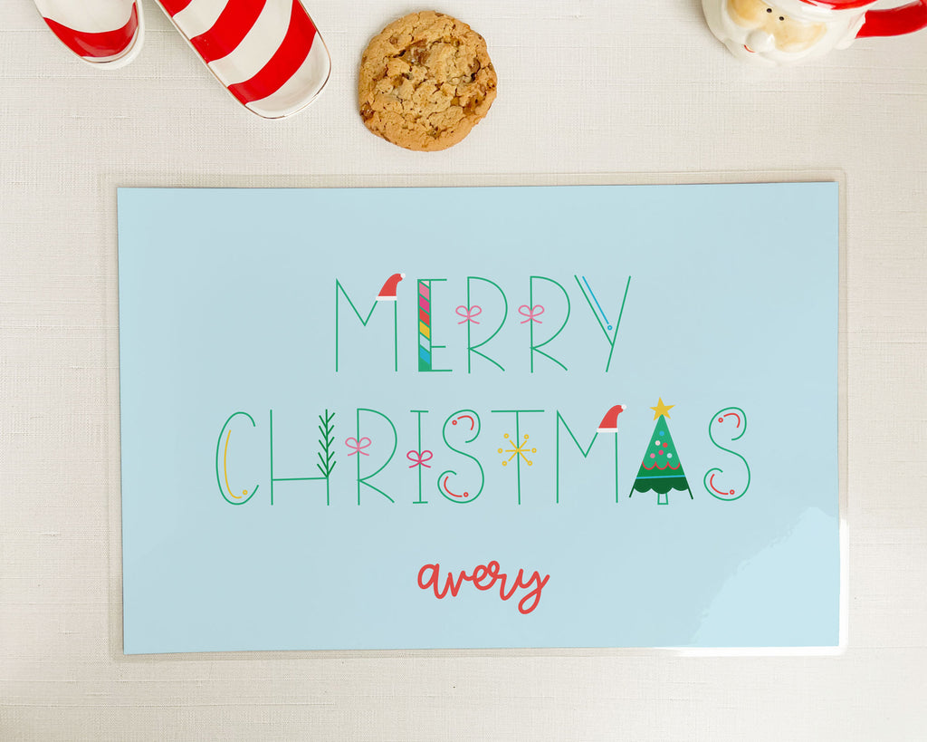 merry christmas, embellished whimsical text, personalized holiday placemat, meredith collie paper