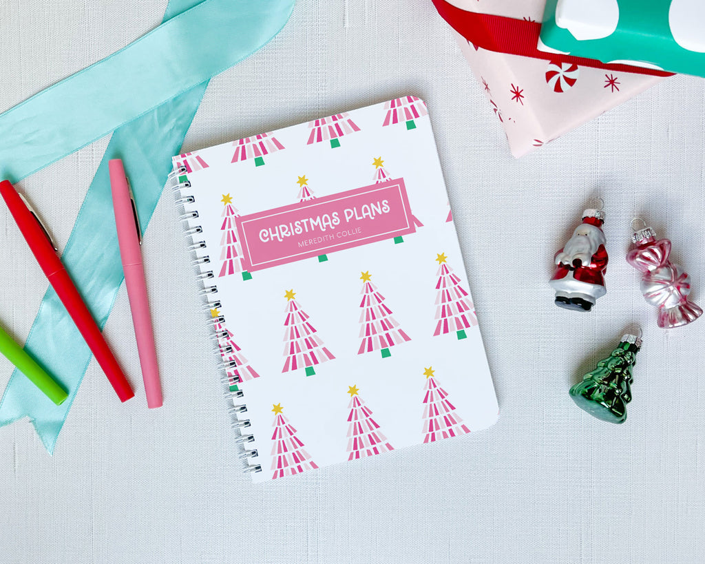 Pink Peppermint Stripe Christmas Trees, Personalized Holiday Spiral Notebooks, Christmas Planners, Meredith Collie Paper