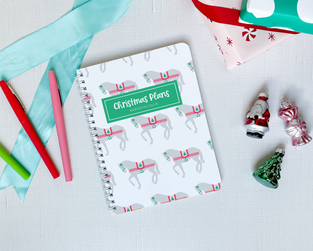 christmas horse, personalize spiral notebook, meredith collie paper, christmas planner, christmas pony