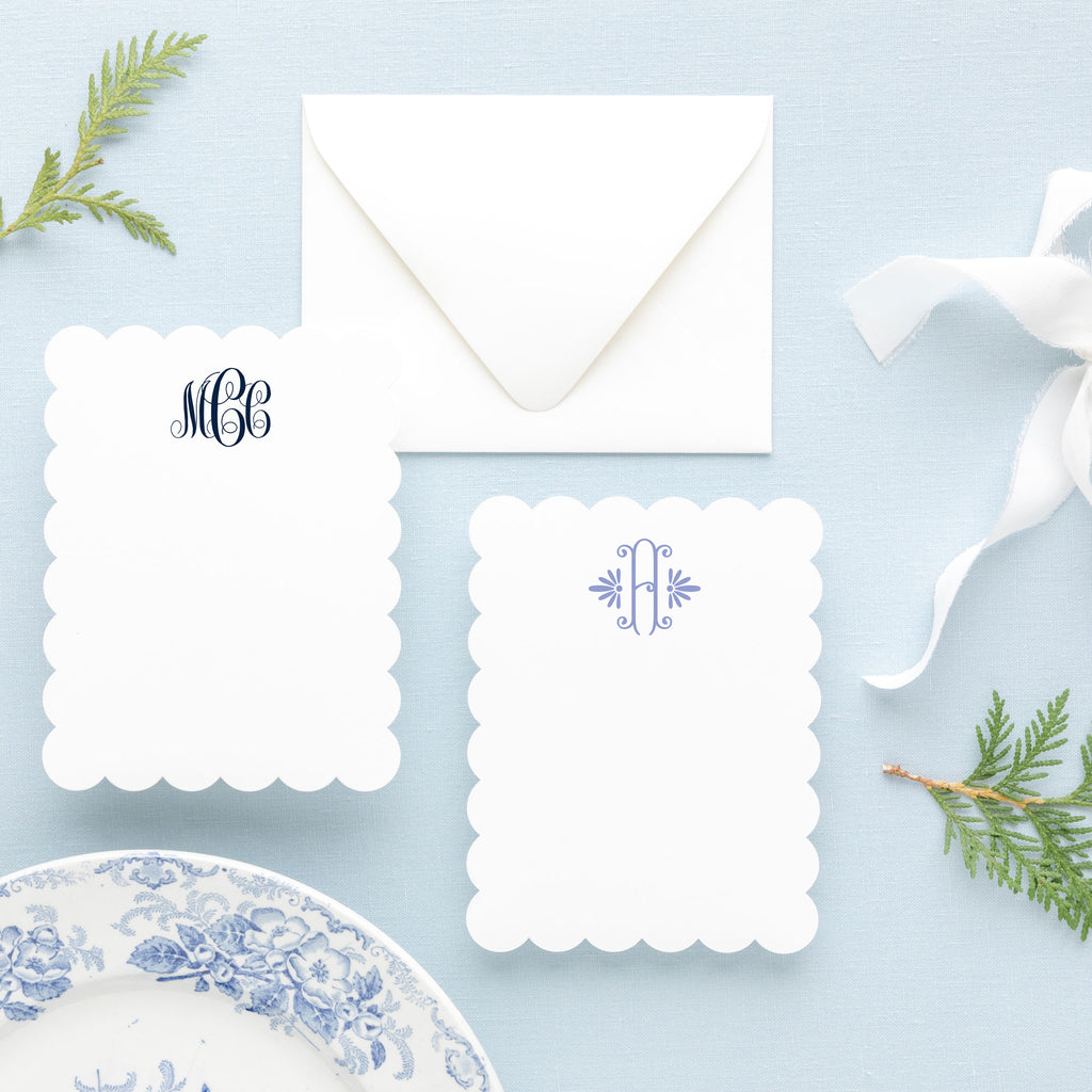 scallop edge monogram personalized stationery note cards, bridal hostess gift