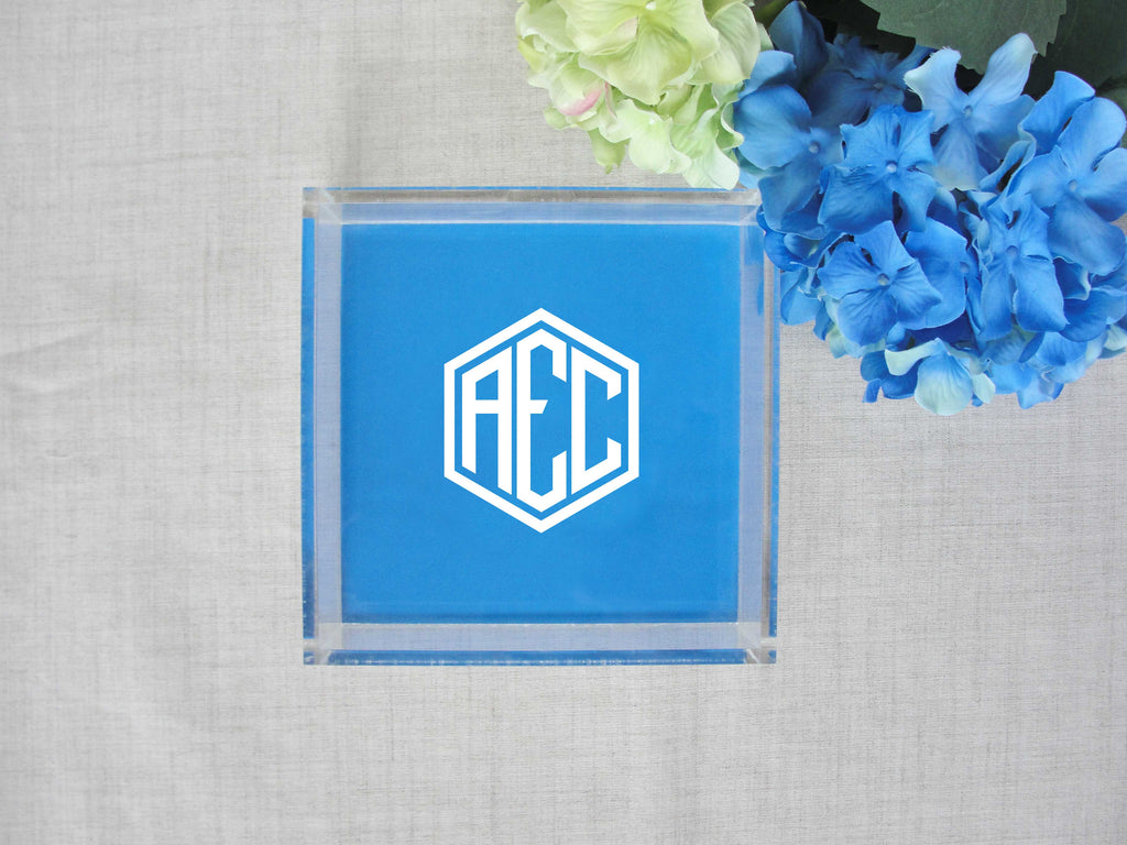 square monogram lucite tray with hexagon monogram