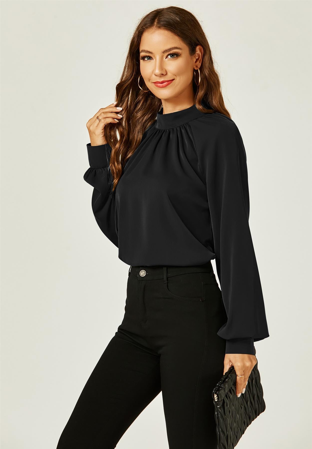 Halter Neck Long Sleeve Blouse Top In Black – FS Collection (London)