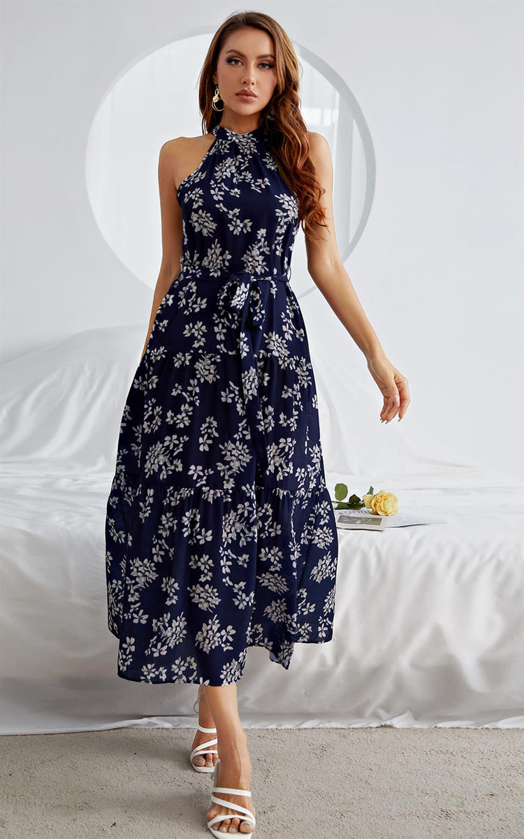 Halter Neck Midi Layer Dress In Nave & White Flora Print – FS ...