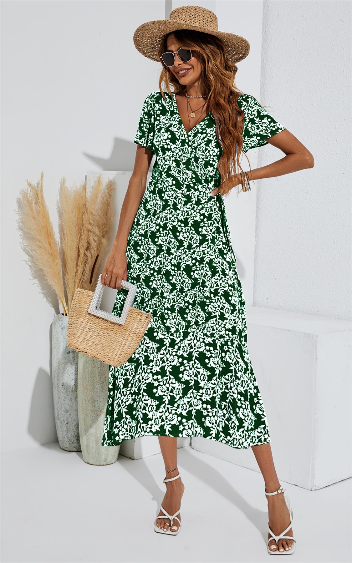 Floral Print Wrap Hem Midi Dress In Green, FS Collection, SilkFred US