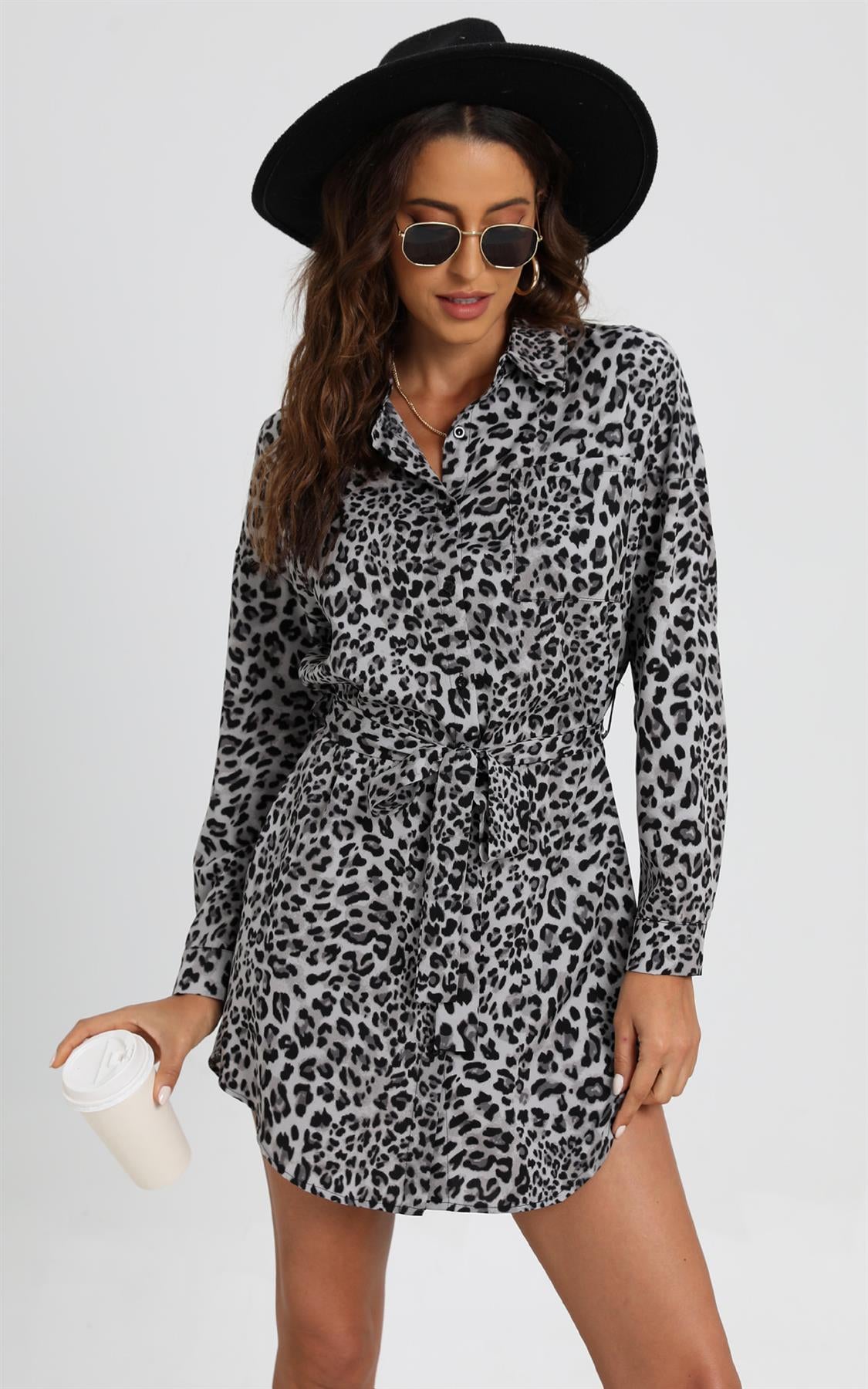 Relaxed Rounded Grey Mini Shirt Dress In Black Animal Print – FS ...