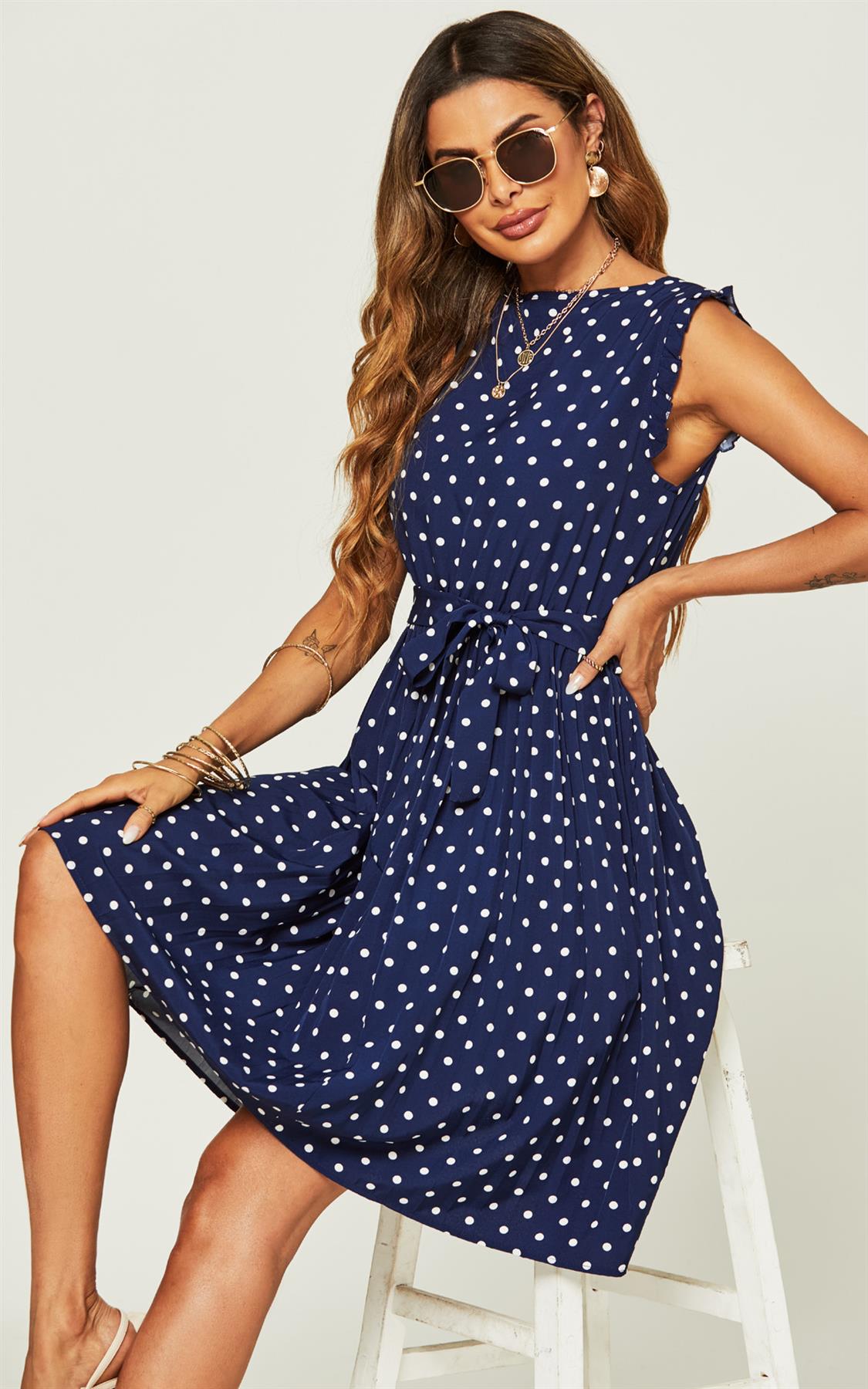 Polka Dot Frill Sleeve Midi Dress In Navy – FS Collection (London)