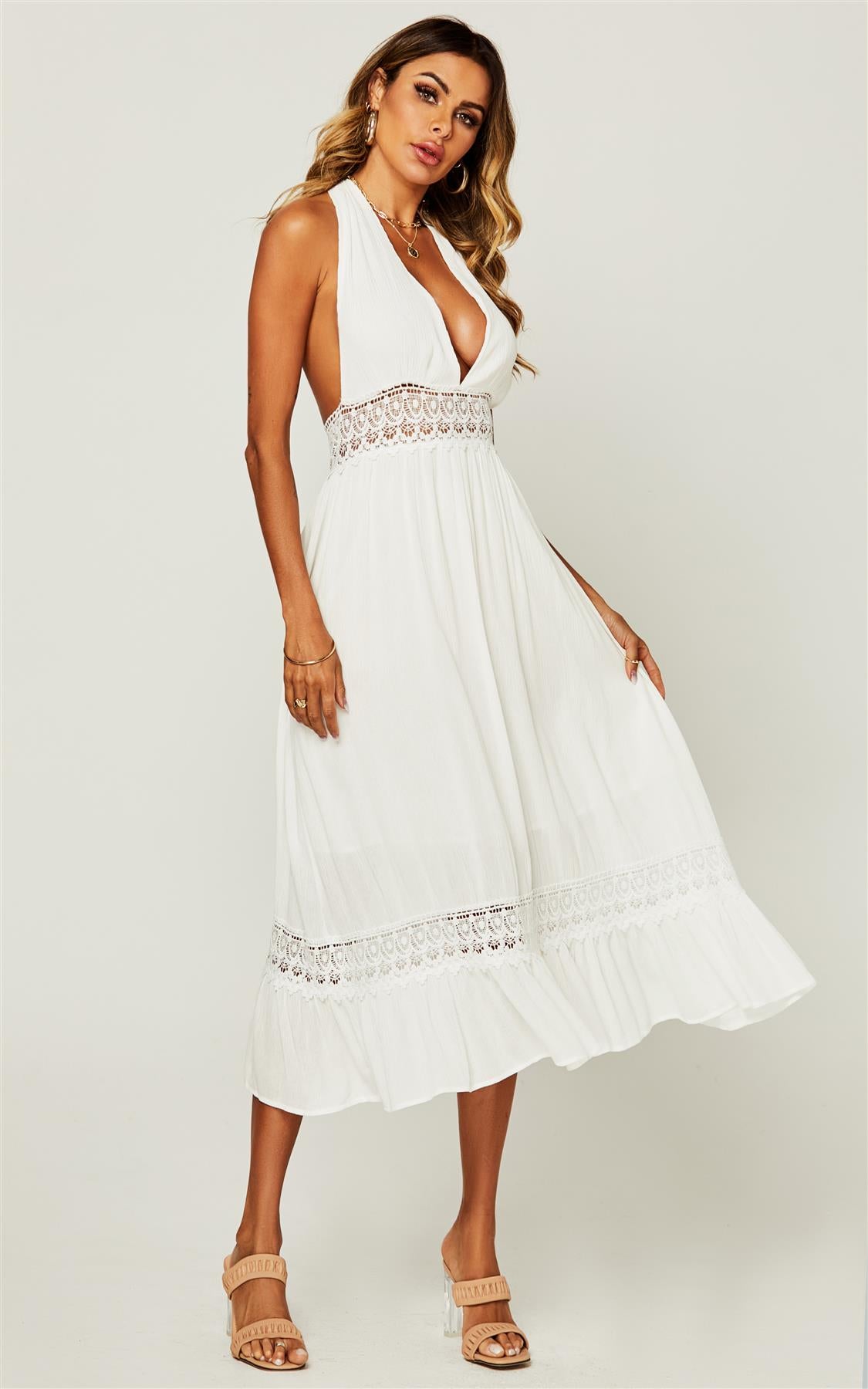 V Neck Back Tie Detail Lace Midi Dress In Ivory White – FS Collection ...