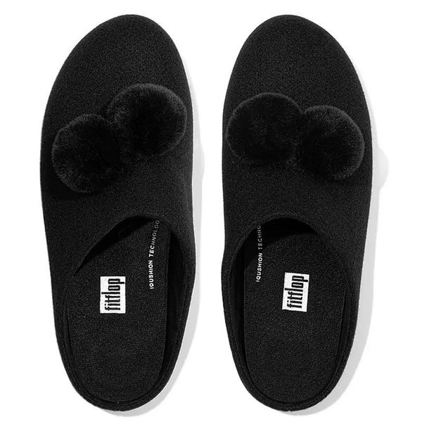 FitFlop Chrissie Pom-Pom Felt Slippers All Black | Coconut Creek Gift Shop