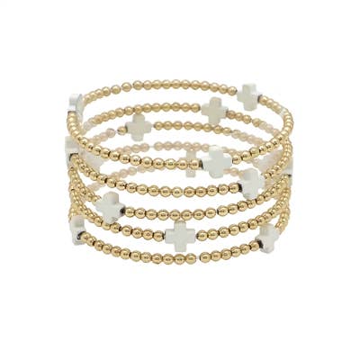 What's Hot - Gold Beaded with White Cross Set of 5 Stretch Bracelets