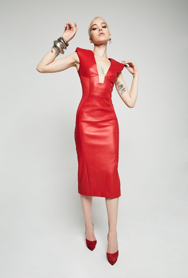 PRITCH DNA Midi Sleeveless Stretch Dress in Red Nappa Leather