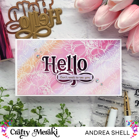 Embossed Florals Hello card by Andrea Shell | Hello Hot Foil Plate by Crafty Meraki