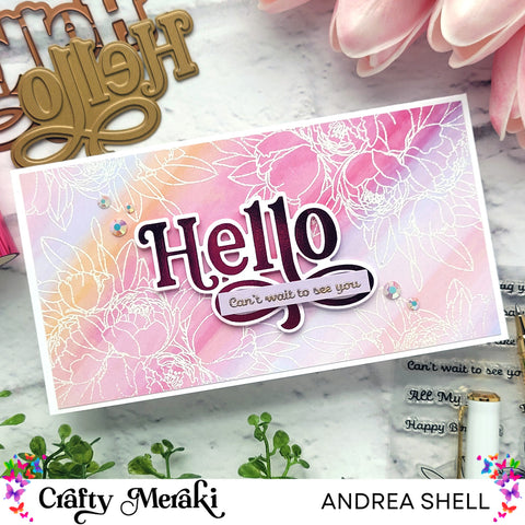 Embossed Florals Hello card by Andrea Shell | Hello Hot Foil Plate by Crafty Meraki