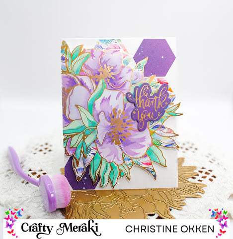 Foiled and Stencilled Purple Flowers on card