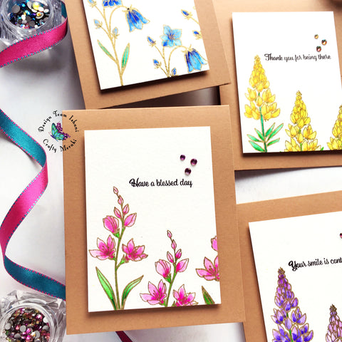 CAS floral cards, Crafty Meraki Good Vibes stamps set, Crafty Meraki gems, Quillish, Cards by Ishani