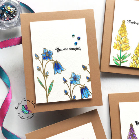 CAS floral cards, Crafty Meraki Good Vibes stamps set, Crafty Meraki gems, Quillish, Cards by Ishani