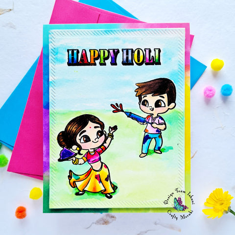 Crafty MEraki Holi HAi stamp set, Holi card, Indian festival Holi card, Watercolring Holi card