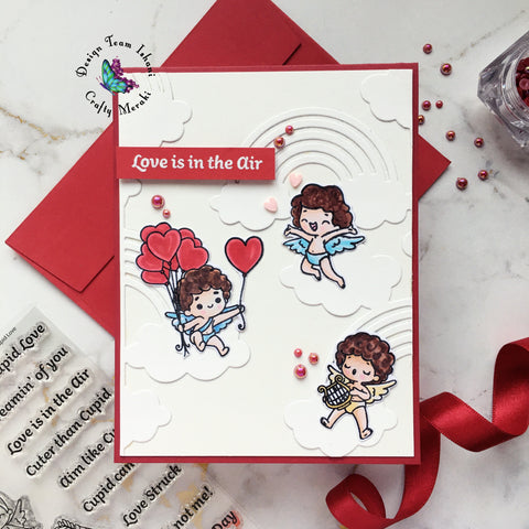 VAlentines day card, Crafty Meraki crazy cupid love stamp set, Over the rainbows die set, Cute Valentines day card, Quillish, Ishani