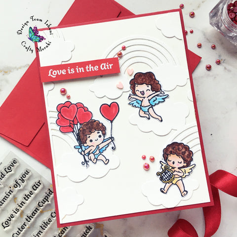 VAlentines day card, Crafty Meraki crazy cupid love stamp set, Over the rainbows die set, Cute Valentines day card, Quillish, Ishani