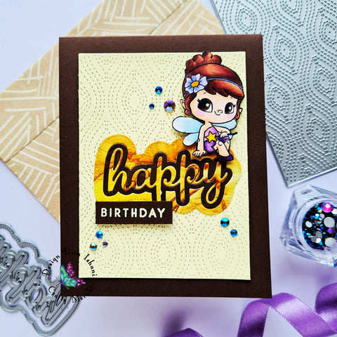 Happy Birthday Fairy card, Happy birthday shadow word die, Crafty meraki dancing feathers, Alcohol ink card