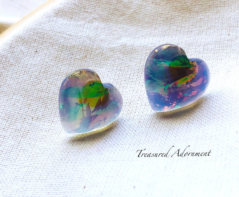 Blue Rainbow Opal Heart Stud Earrings