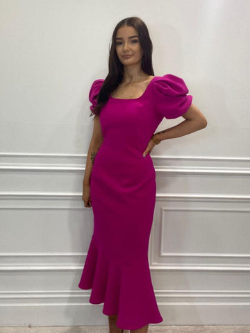 Claudia C Dress – Duero Magenta Pink With Puffed Sleeve